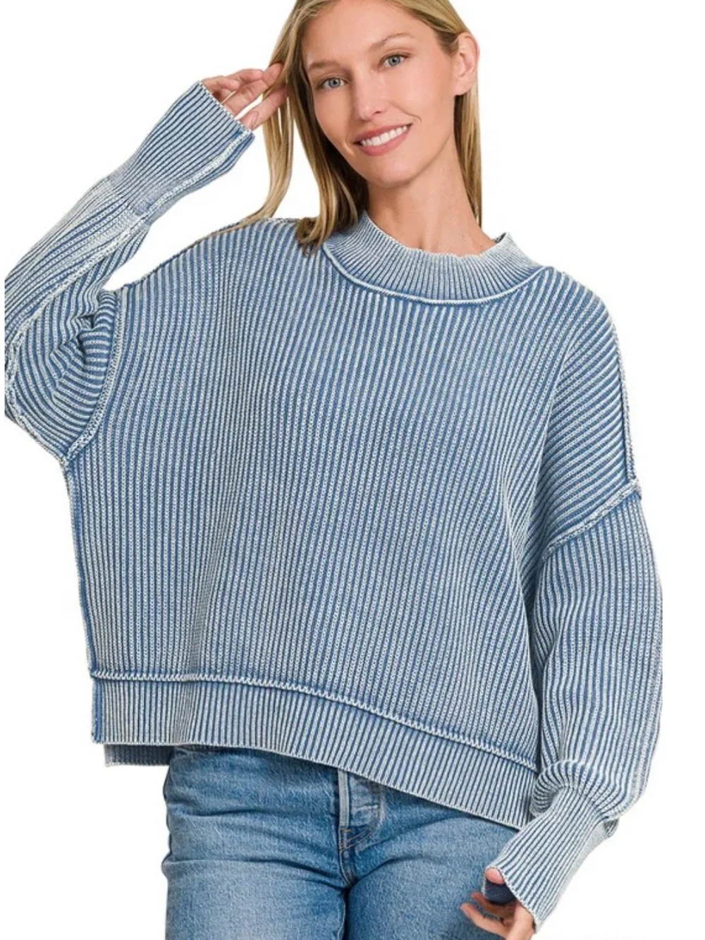 Zenana Large/XL Mock Neck Ribbed Sweater Dusty Blue Exposed Seams OVERSIZED